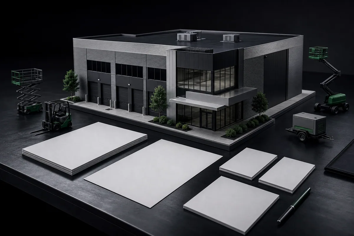 Illustrative commercial asset model with building, equipment, lease, and document checkpoints.
