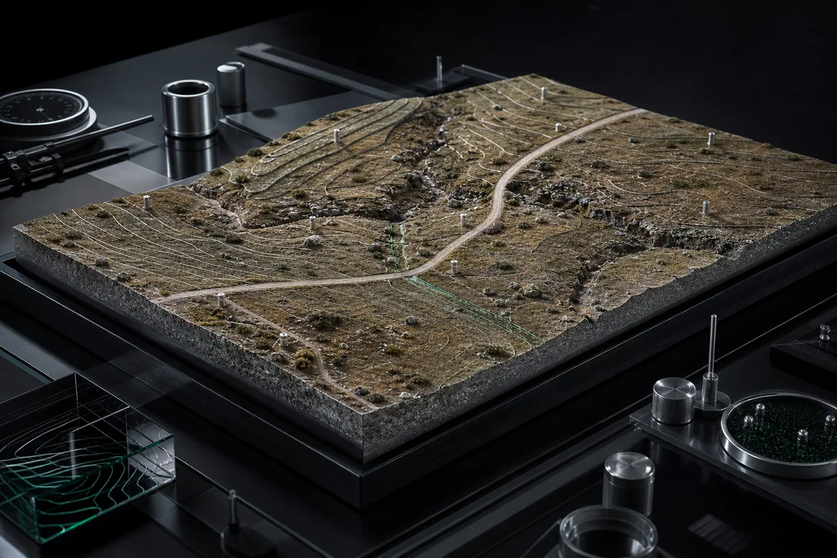 Illustrative land parcel model with access, utility, drainage, and survey checkpoints.