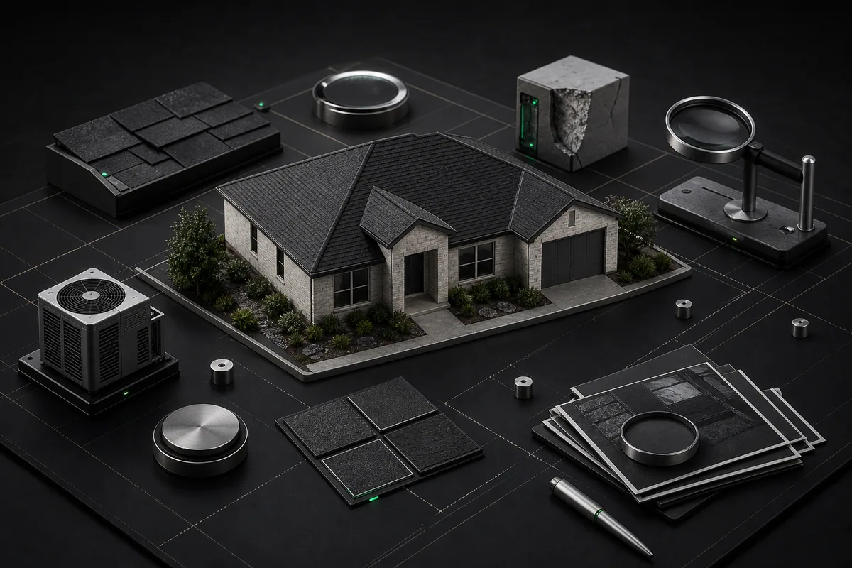 Illustrative residential property model with exterior and condition-review checkpoints.